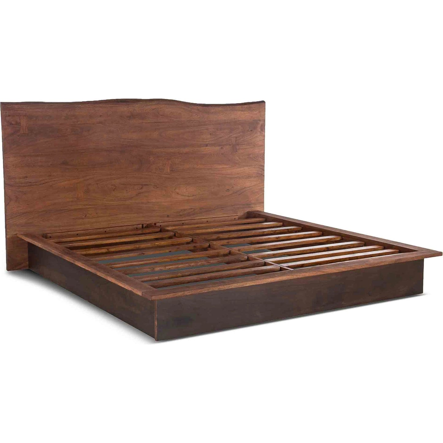 001 SI-2065567,SI-2065568 | Primary Silo | Palermo Live Edge Bed by World Interiors in raw walnut, ebony. Made from acacia wood, iron in a modern style.