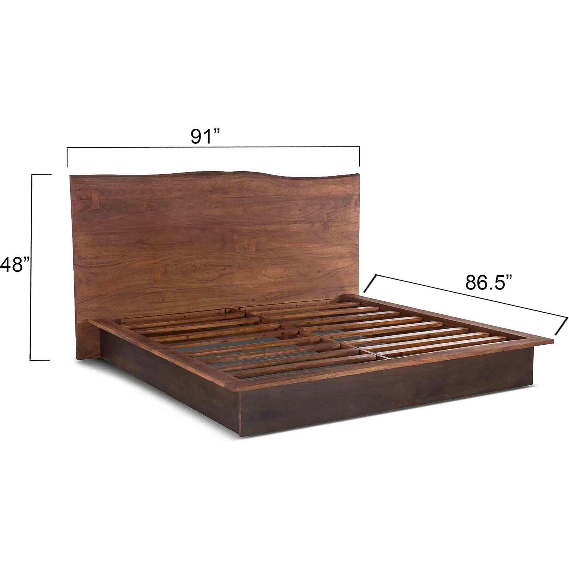 Palermo Live Edge Bed by World Interiors in raw walnut, ebony. Made from acacia wood, iron in a modern style.