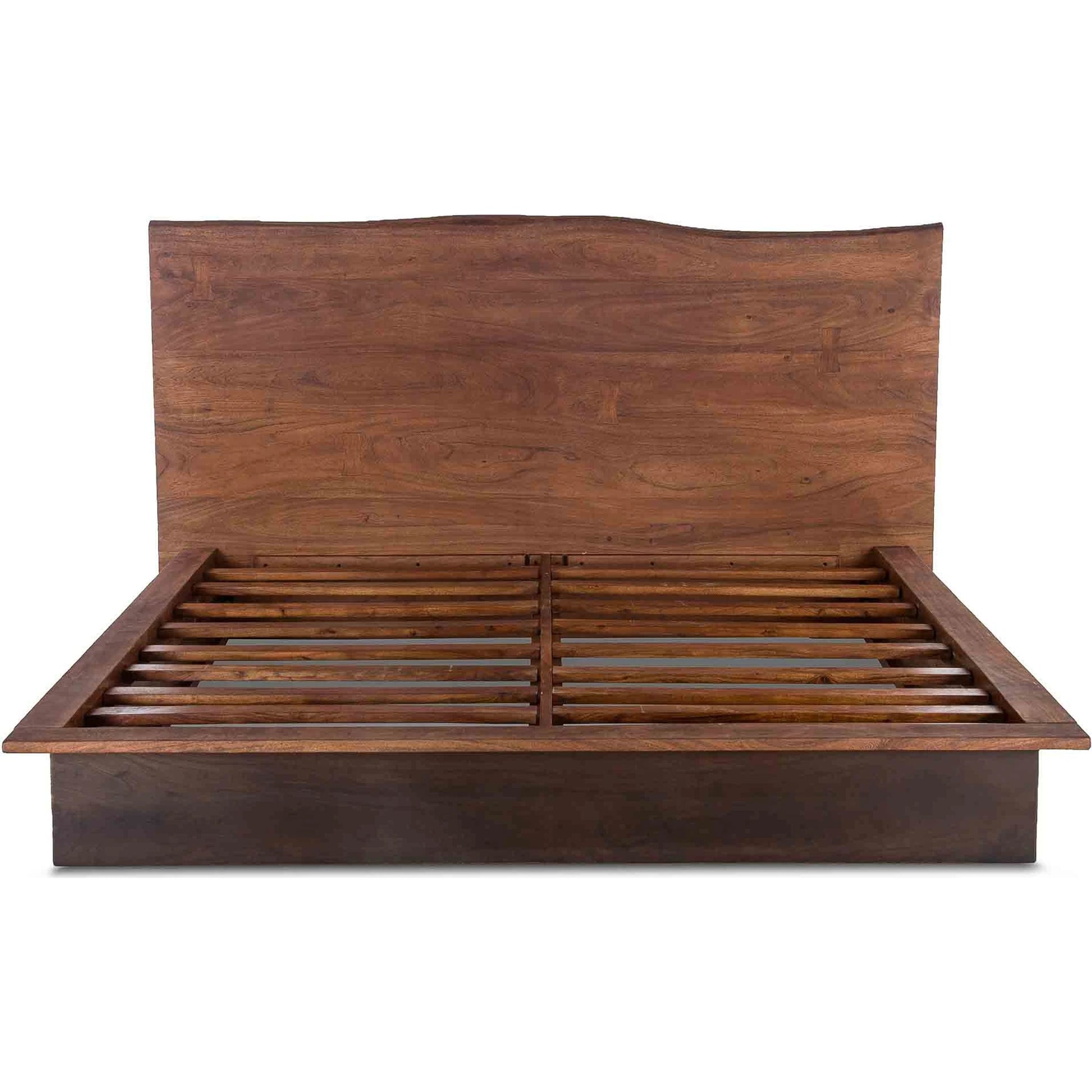 Palermo Live Edge Bed by World Interiors in raw walnut, ebony. Made from acacia wood, iron in a modern style.