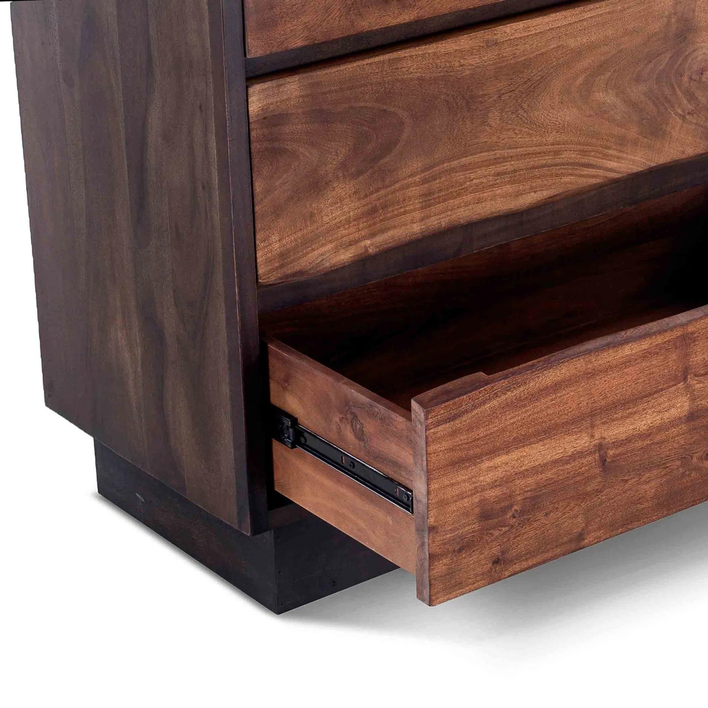 006 SR-877078 | Closeup | Palermo Live Edge Tall Dresser by World Interiors in brown and raw walnut, ebony. Made from acacia wood, iron in a modern style.