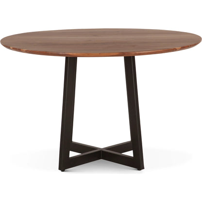 Sorrento 48" Round Dining Table by World Interiors in tan and matte black. Made from mango wood reclaimed iron in a transitional style.