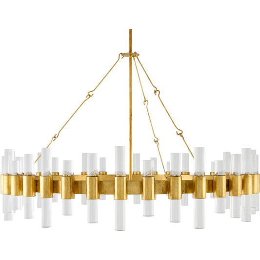 Fraser Chandelier by Surya in gold. Made from iron in a transitional style.