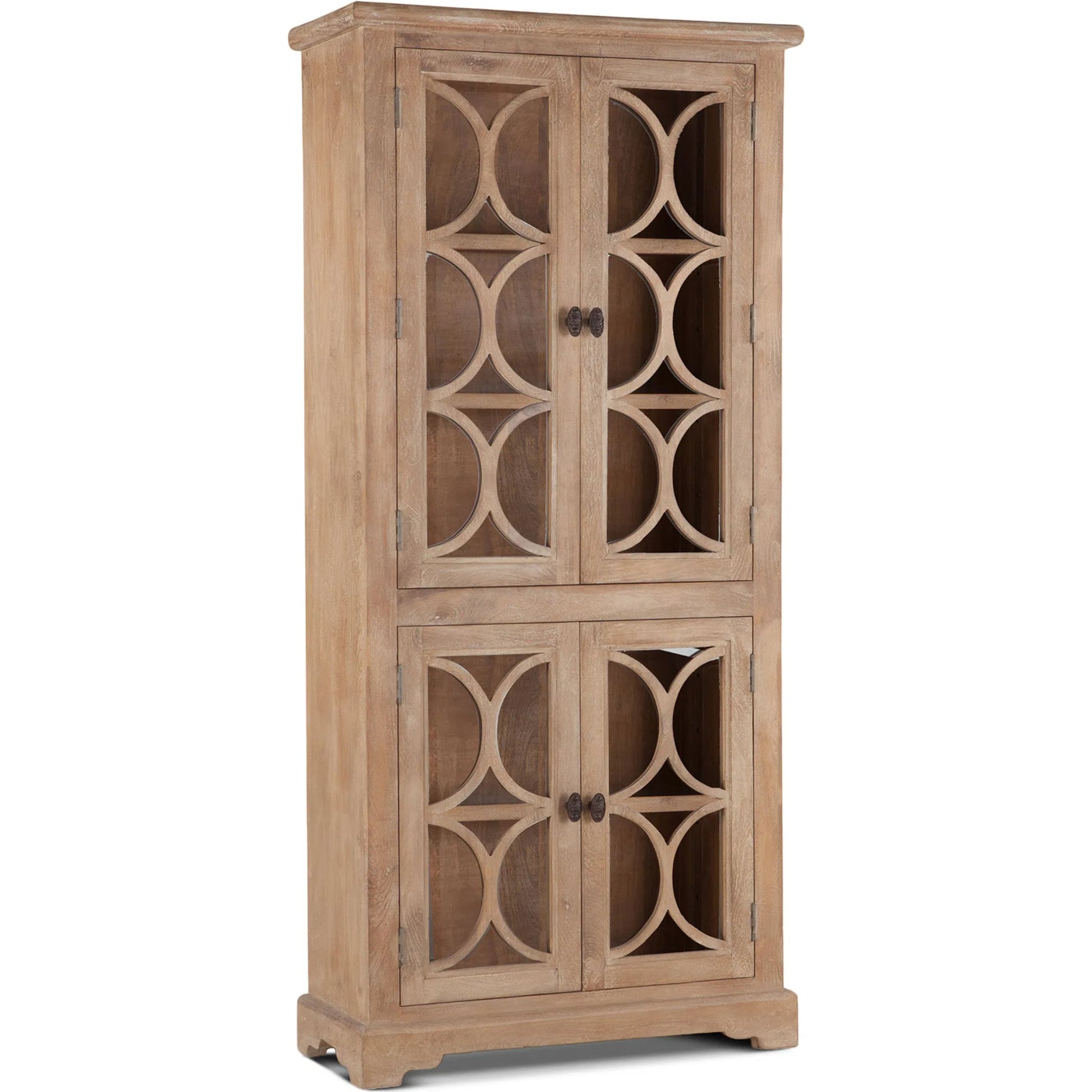 Pengrove Tall Cabinet by World Interiors in light brown and antique oak. Made from mango wood, glass in a transitional style.