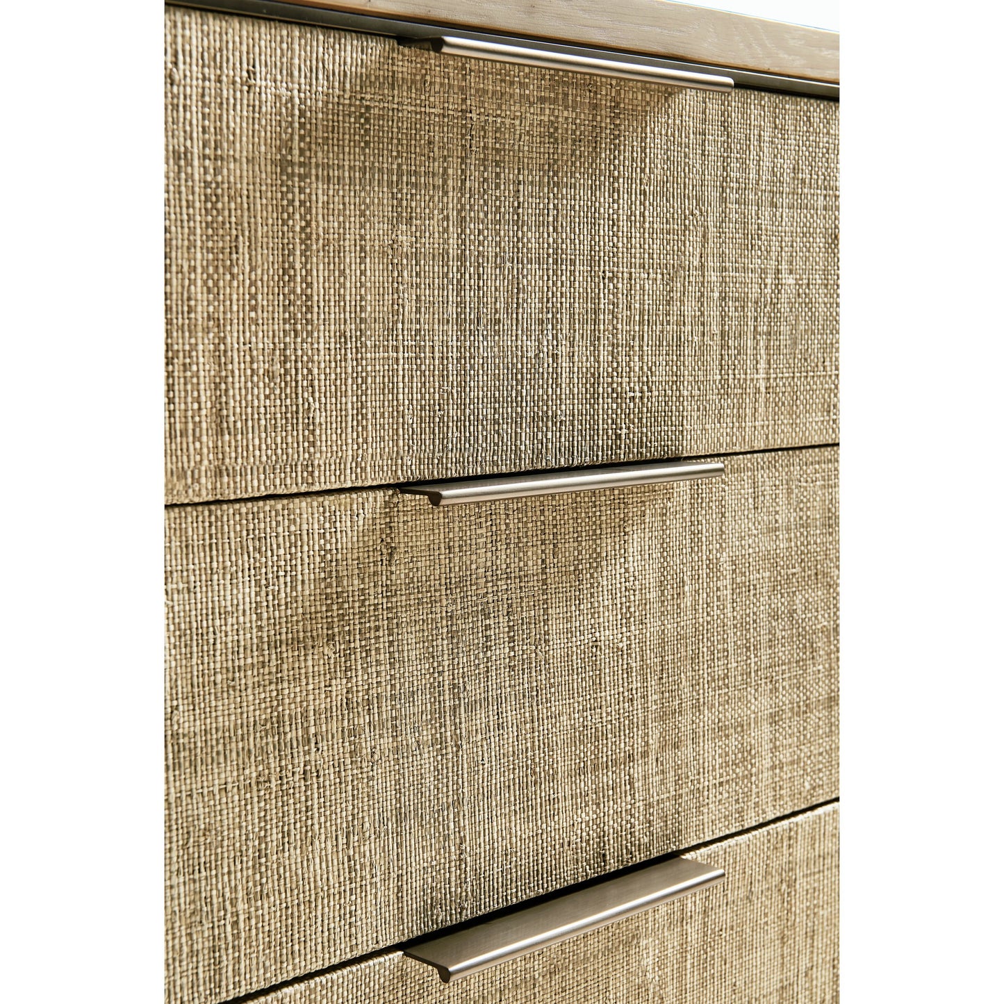 005 SI-2186255 | Closeup | Water Seiche Large Grasscloth Nightstand by Jonathan Charles in whitewash oak. Made from oak, grass cloth, brass in a transitional style.