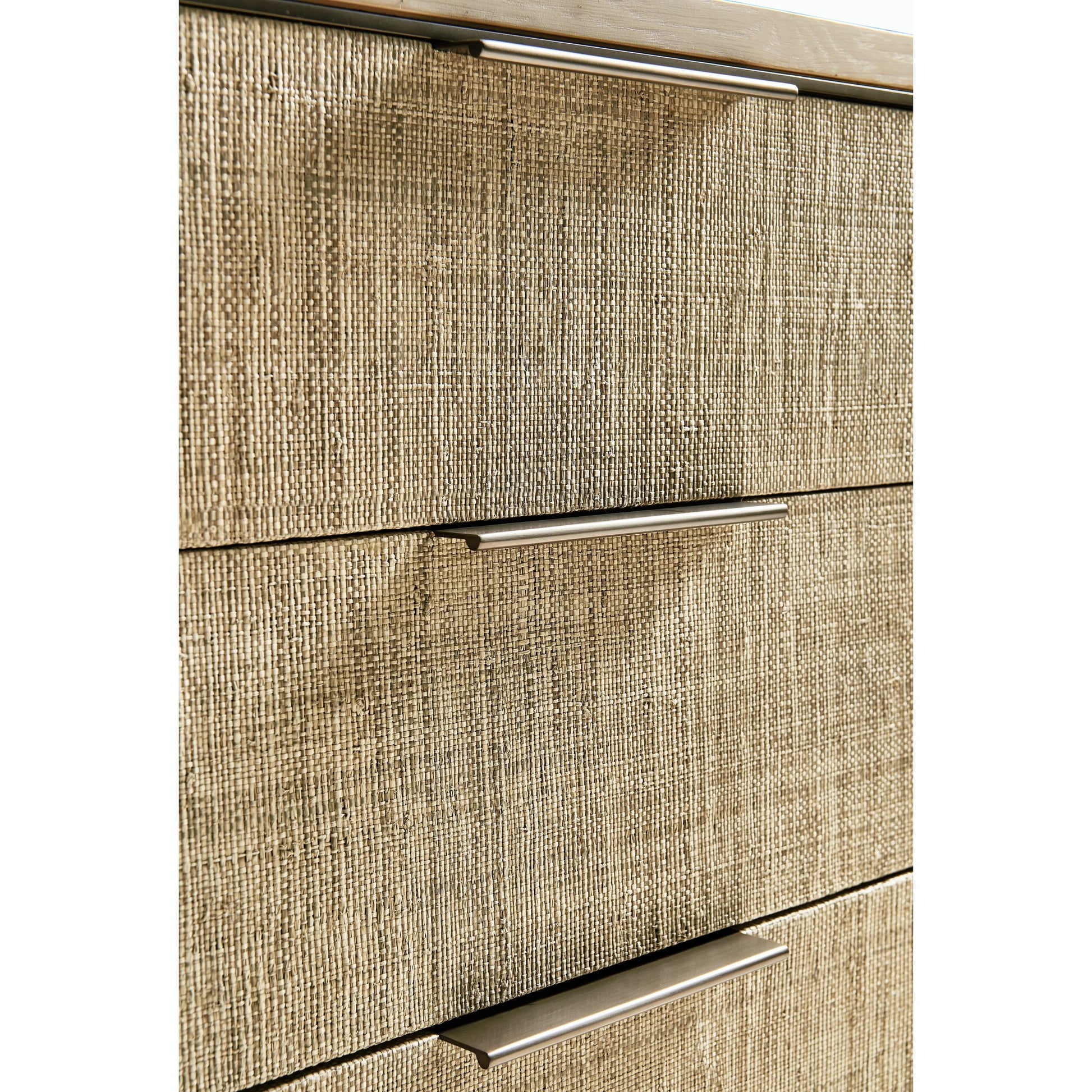 Water Seiche Large Grasscloth Nightstand by Jonathan Charles in whitewash oak. Made from oak, grass cloth, brass in a transitional style.