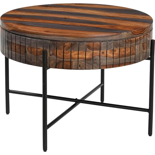 Summit Round Coffee Table by World Interiors in brown and gray and capri sheeesham. Made from sheesham wood, iron in a unique style.