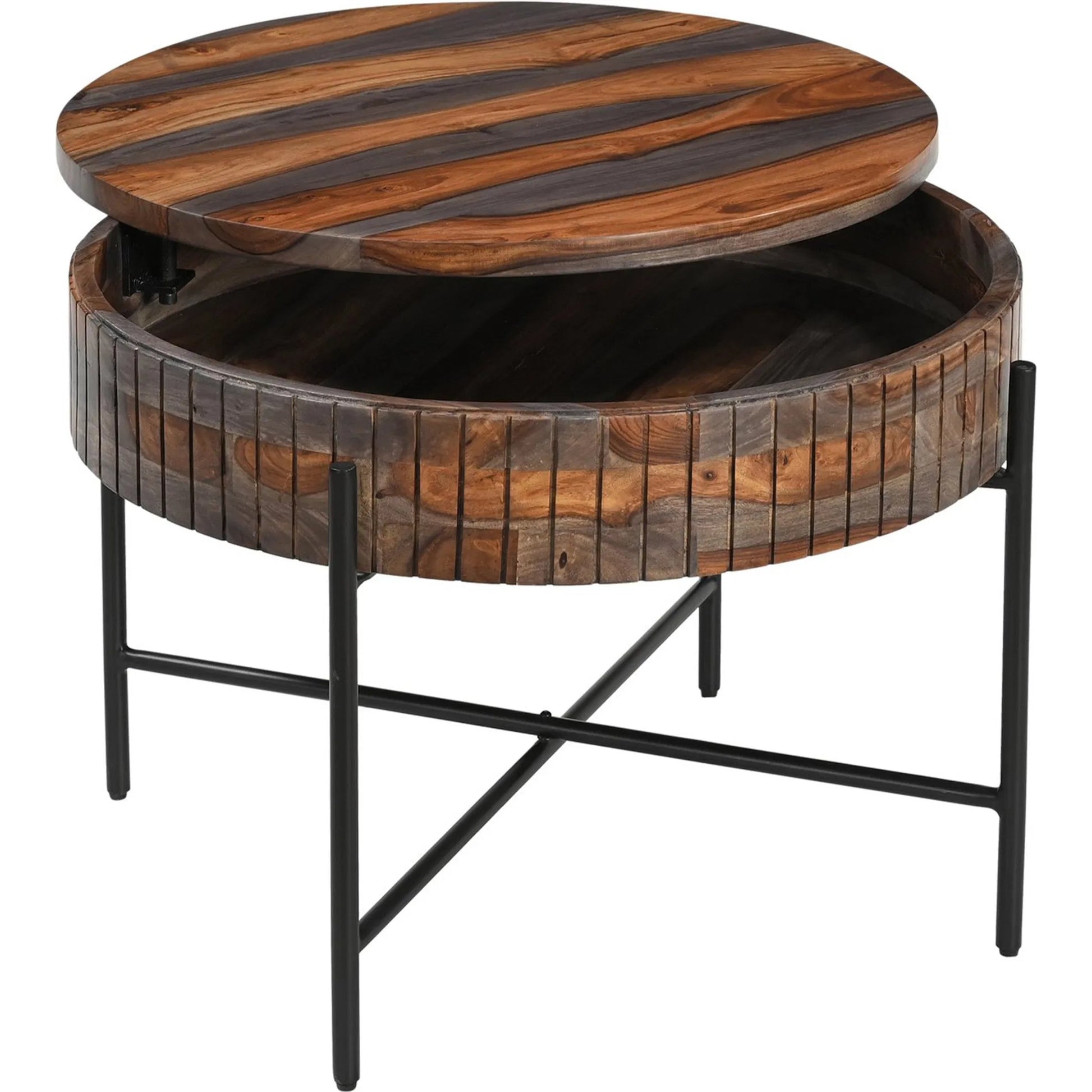 Summit Round Coffee Table by World Interiors in brown and gray and capri sheeesham. Made from sheesham wood, iron in a unique style.