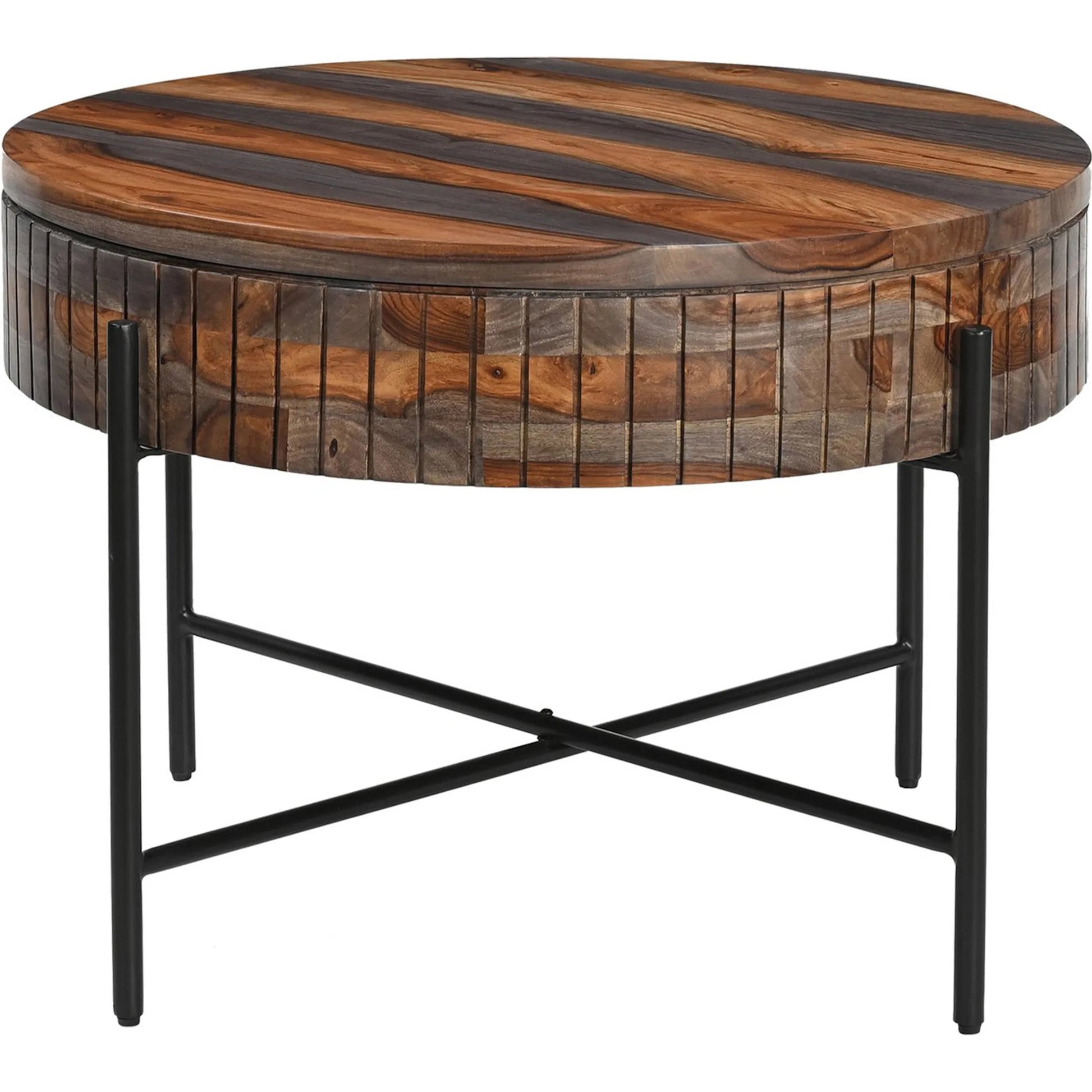 Summit Round Coffee Table by World Interiors in brown and gray and capri sheeesham. Made from sheesham wood, iron in a unique style.