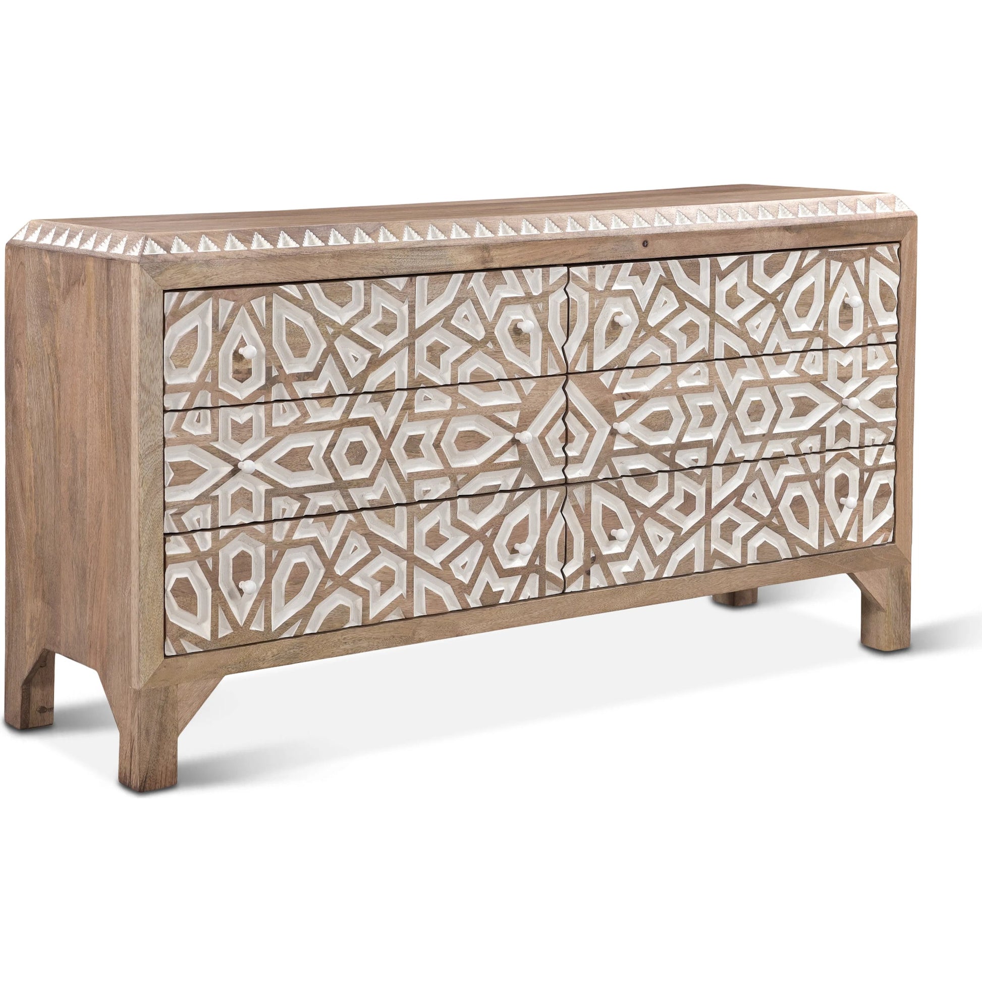 Haveli Mango Wood Geometric Carved Dresser by World Interiors in white. Made from mango wood in a eclectic & global style.