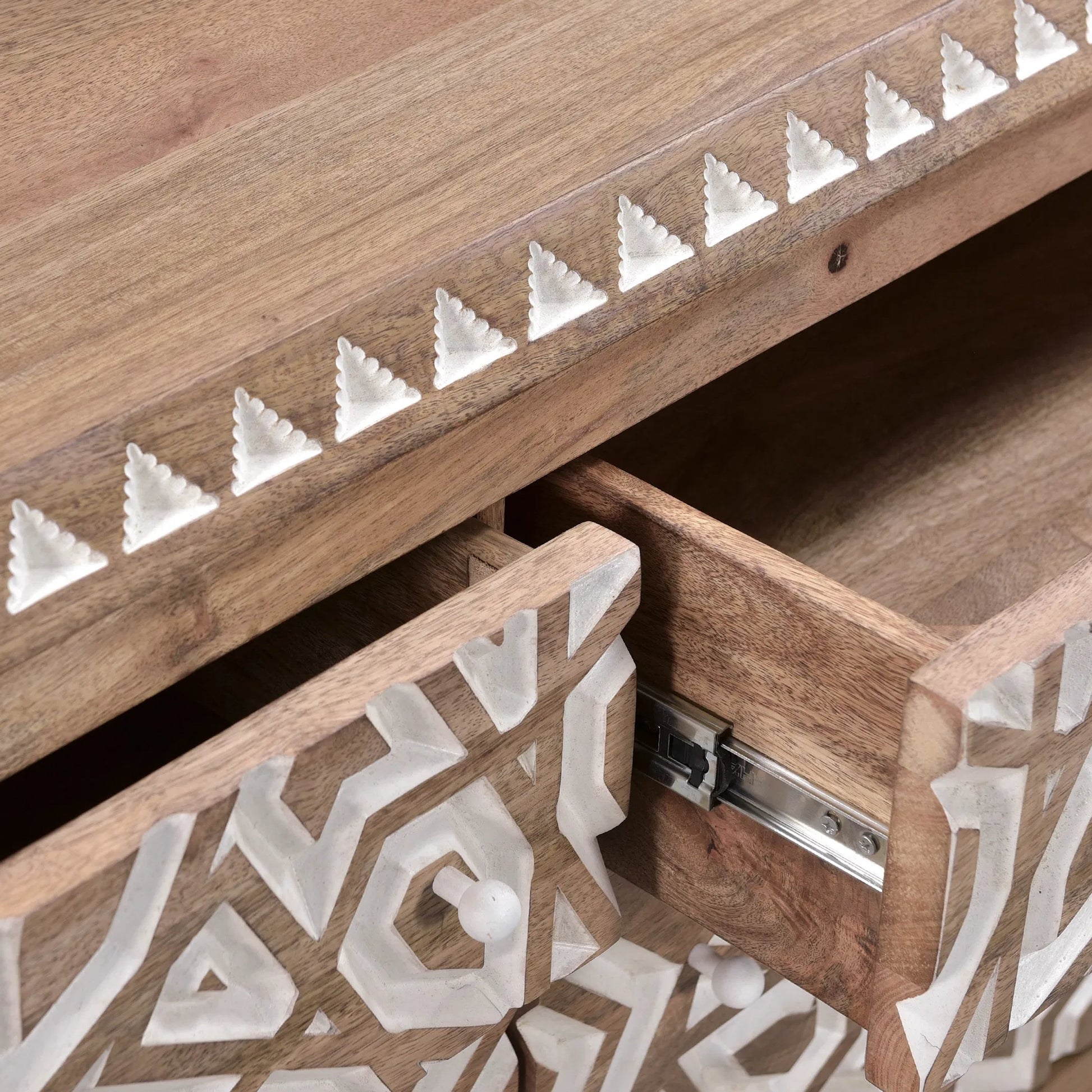 Haveli Mango Wood Geometric Carved Dresser by World Interiors in white. Made from mango wood in a eclectic & global style.