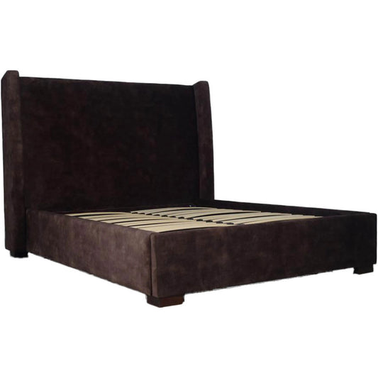 Cora Storage Bed by LH Imports in velvet brown and walnut brown. Made from plywood, mdf, rubberwood, metal, polyester, linen, gas lift, pu foam, polyester fiber in a unique style.
