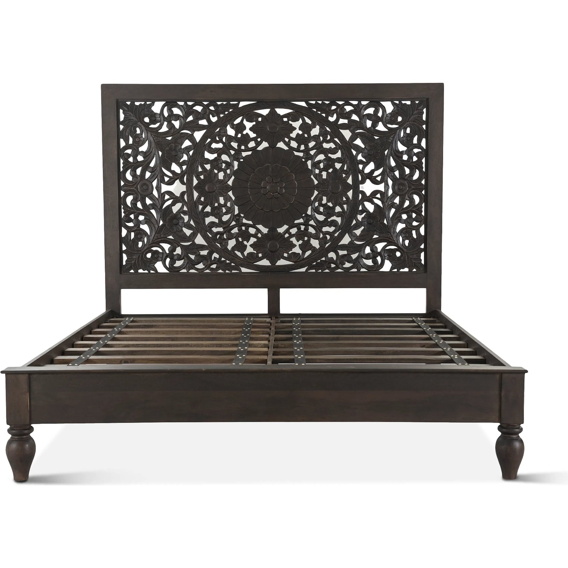 Haveli Carved Bed by World Interiors in brown and vintage brown. Made from mango wood in a eclectic & global style.