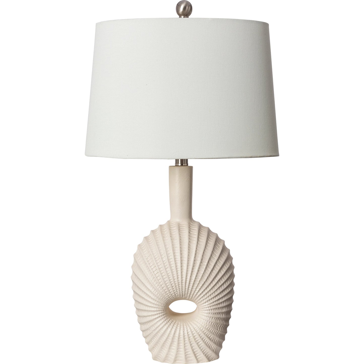 001 SI-2052648 | Primary Silo | Fatima - 492695 by Surya in white, translucent, metallic nickel and painted resin. Made from body: resin, shade (outside): linen, shade (inside): polyester, finial: metal in a modern style.