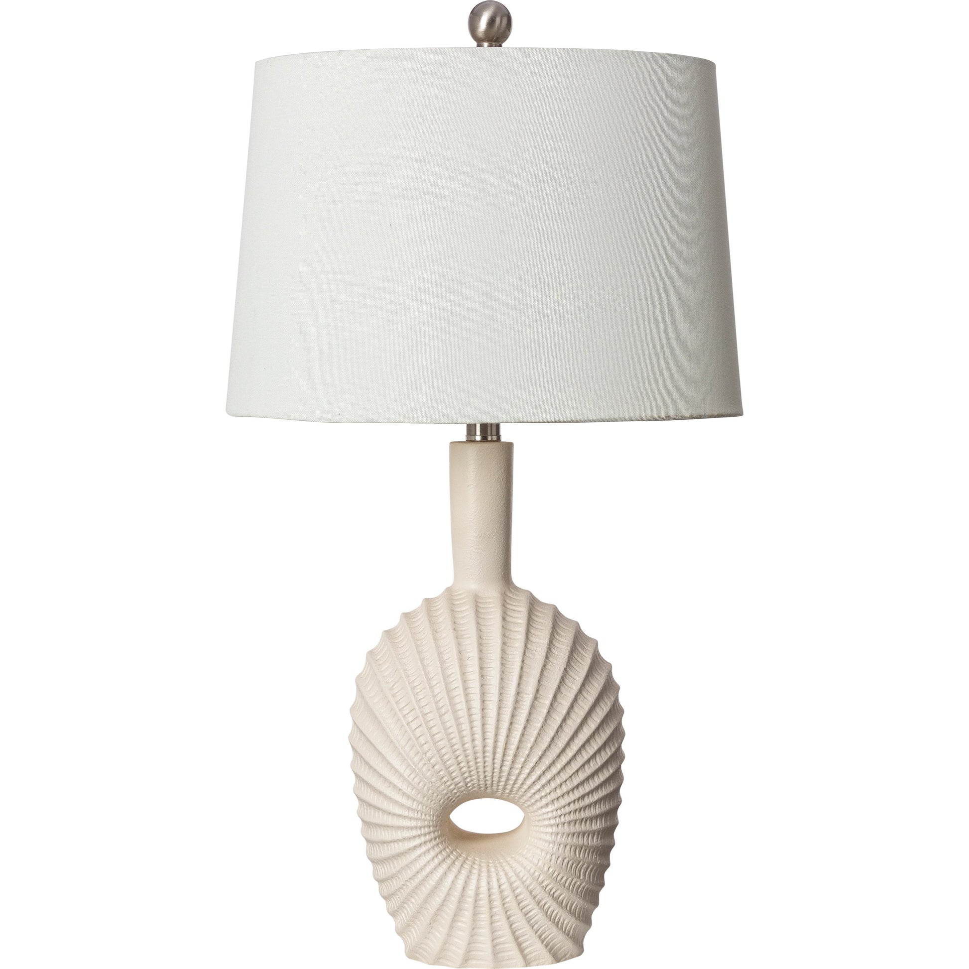 Fatima - 492695 by Surya in white, translucent, metallic nickel and painted resin. Made from body: resin, shade (outside): linen, shade (inside): polyester, finial: metal in a modern style.