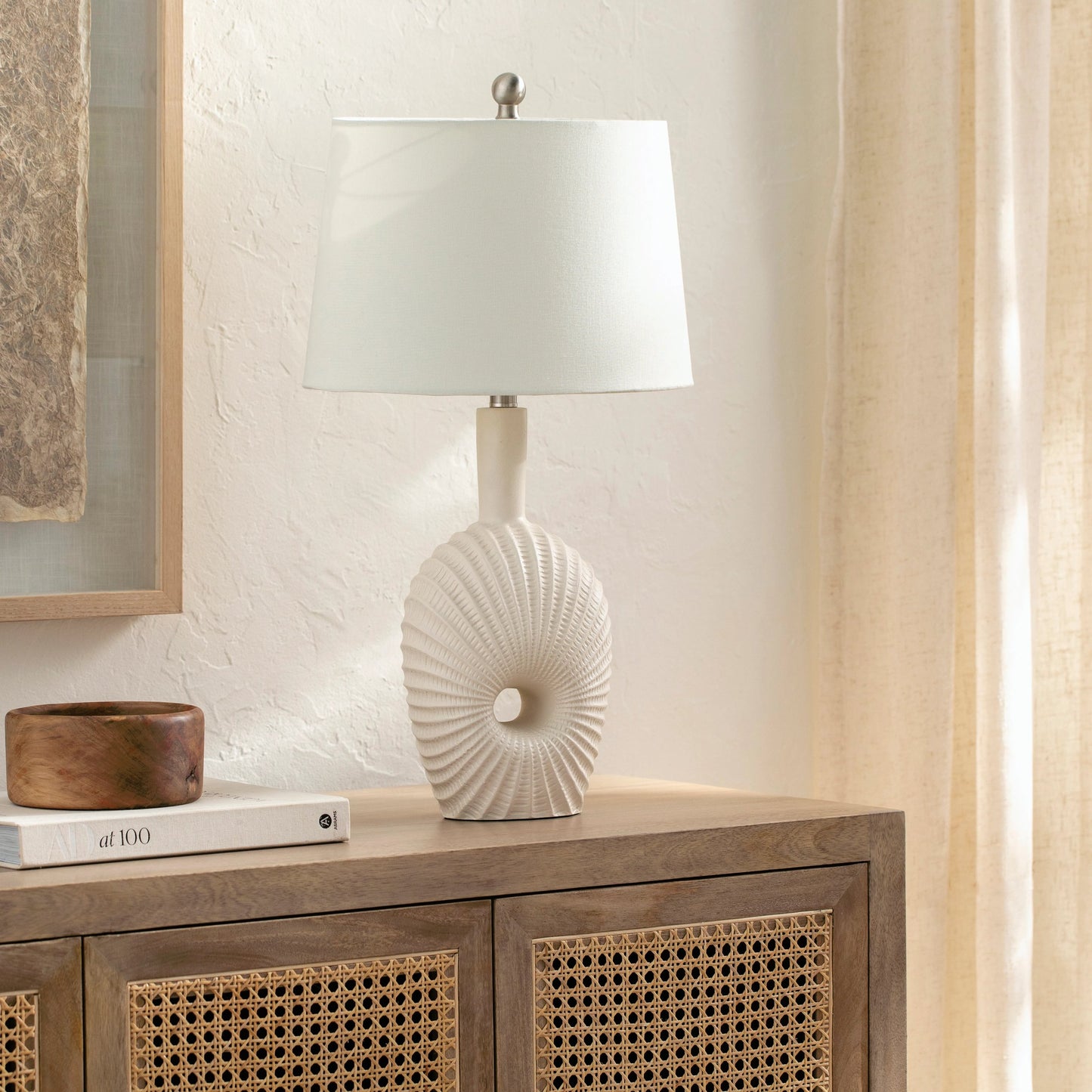 003 SI-2052648 | Lifestyle | Fatima - 492695 by Surya in white, translucent, metallic nickel and painted resin. Made from body: resin, shade (outside): linen, shade (inside): polyester, finial: metal in a modern style.