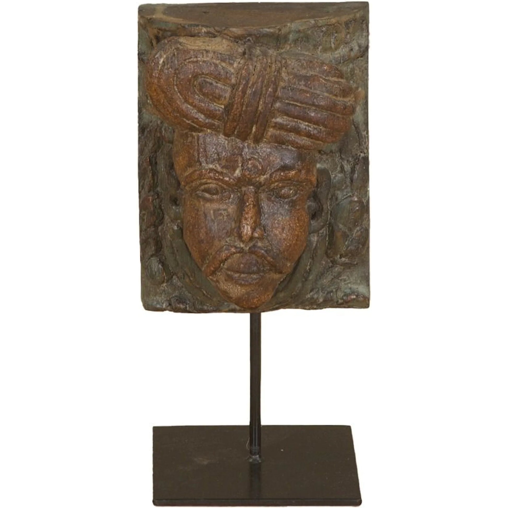 Curio Tribesman Head on Iron Stand by World Interiors in brown. Made from reclaimed wood, reclaimed iron in a traditional style.