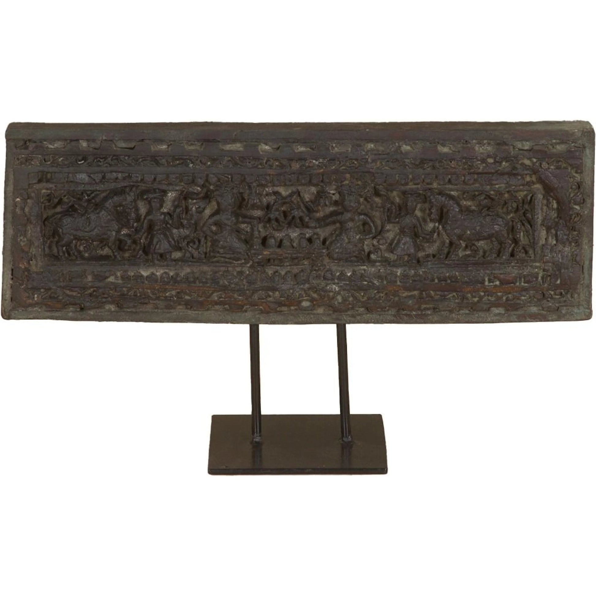 Curio 20" Carved Wood Panel on Iron Stand by World Interiors in brown. Made from reclaimed wood, reclaimed iron in a traditional style.