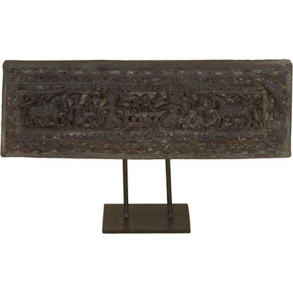 Curio 20" Carved Wood Panel on Iron Stand by World Interiors in brown. Made from reclaimed wood, reclaimed iron in a traditional style.