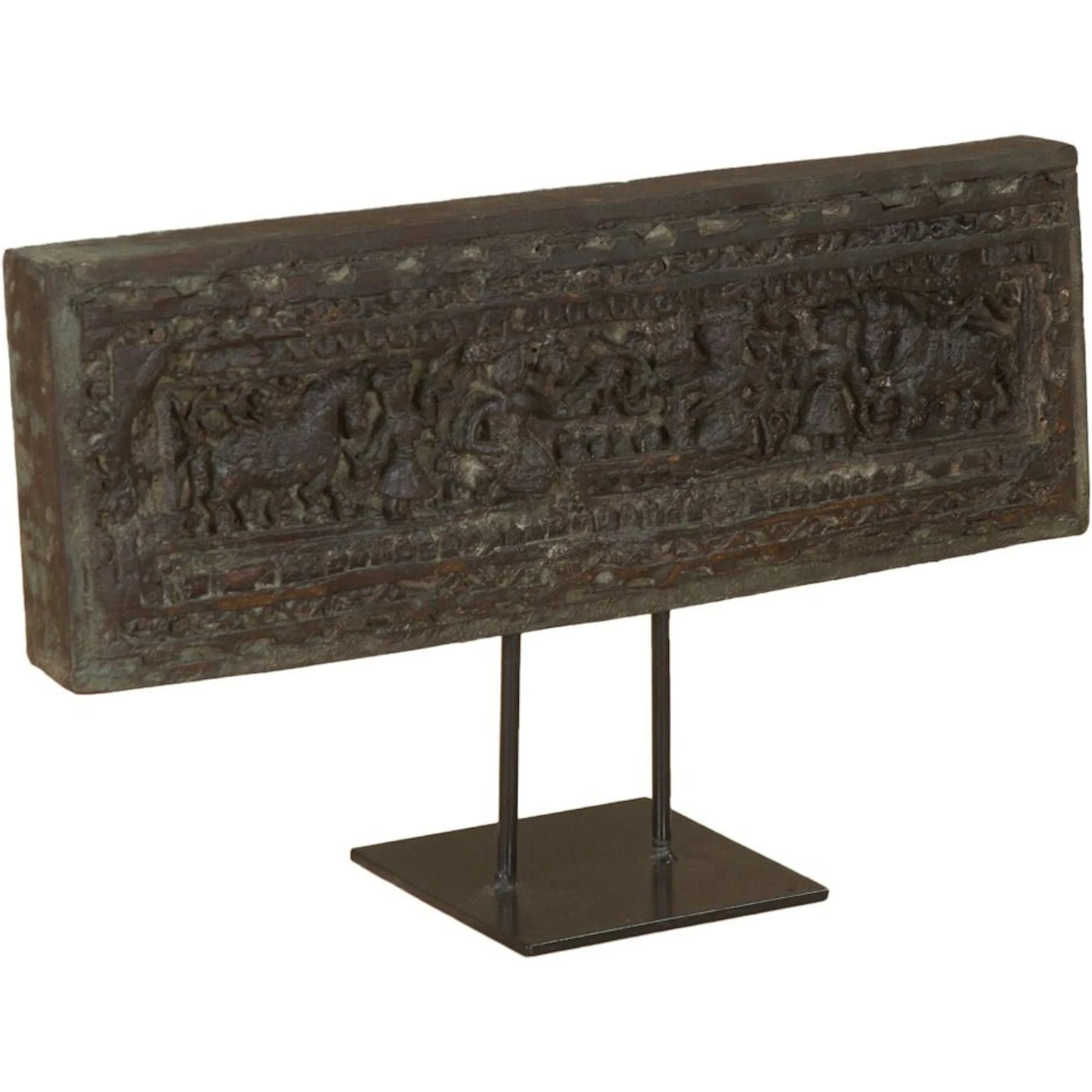 Curio 20" Carved Wood Panel on Iron Stand by World Interiors in brown. Made from reclaimed wood, reclaimed iron in a traditional style.
