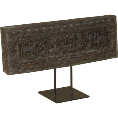 Curio 20" Carved Wood Panel on Iron Stand by World Interiors in brown. Made from reclaimed wood, reclaimed iron in a traditional style.