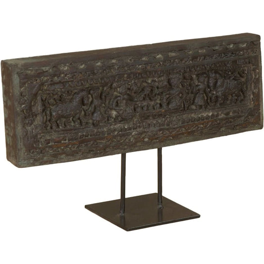 Curio 20" Carved Wood Panel on Iron Stand by World Interiors in brown. Made from reclaimed wood, reclaimed iron in a unique style.