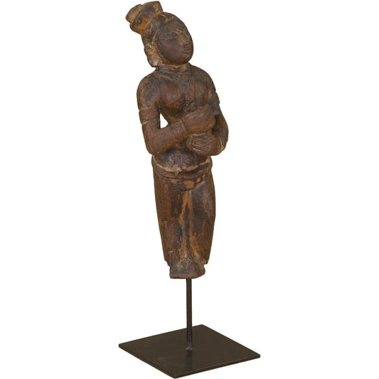 Curio Carved Figure Statue on Iron Stand by World Interiors in brown. Made from reclaimed wood, reclaimed iron in a unique style.