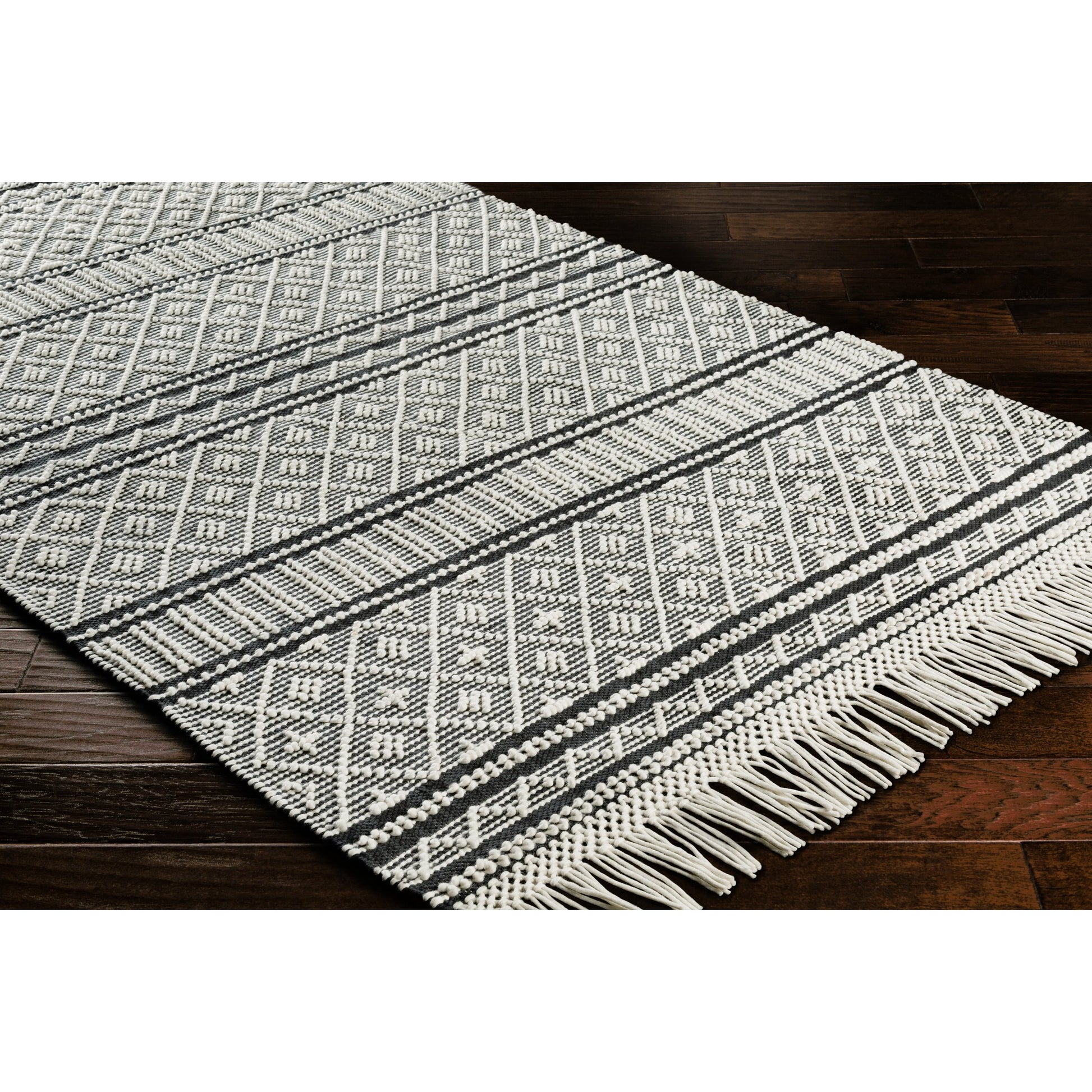 Farmhouse Tassels FTS-2300 Rug by Livabliss in black, white. Made from 60% wool, 40% cotton in a unique style.
