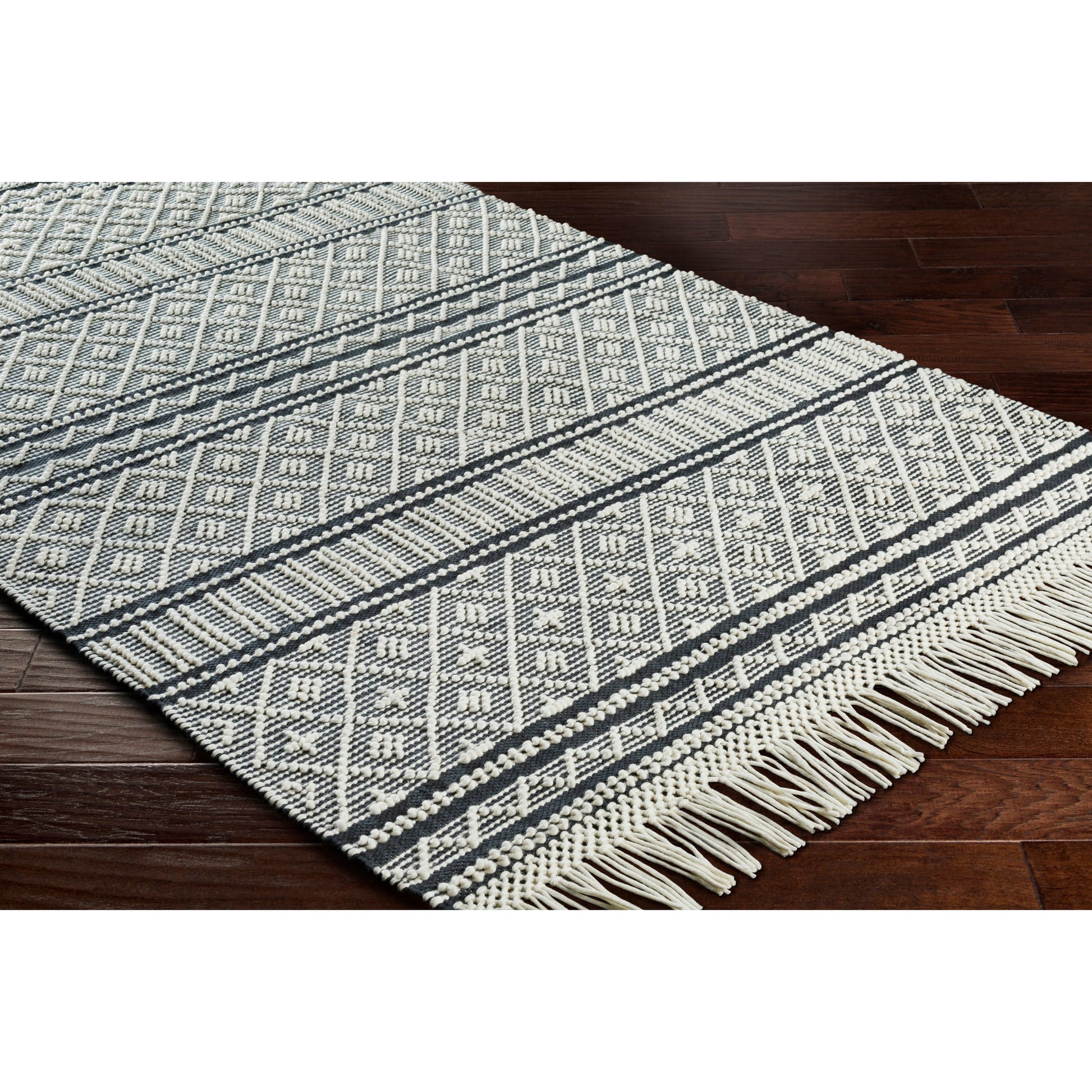 Farmhouse Tassels FTS-2300 Rug by Livabliss in black, white. Made from 60% wool, 40% cotton in a unique style.