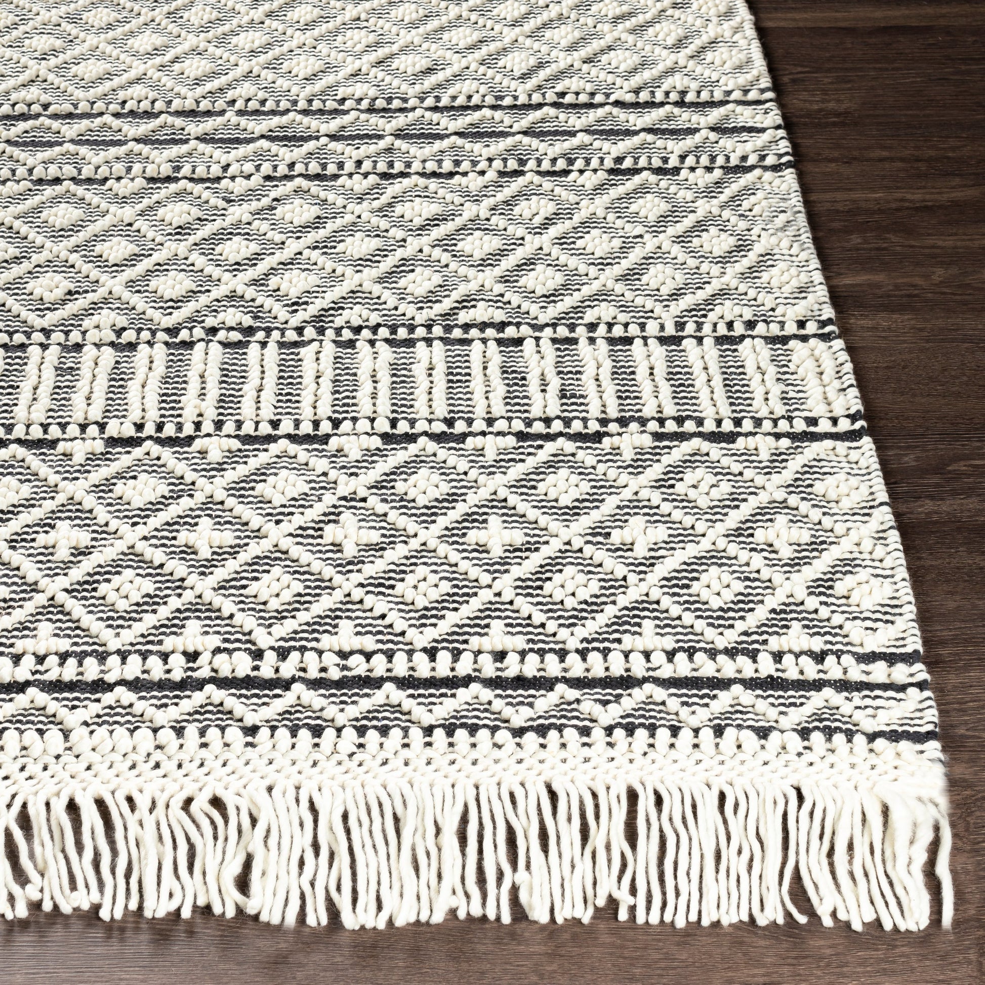 Farmhouse Tassels FTS-2300 Rug by Livabliss in black, white. Made from 60% wool, 40% cotton in a unique style.