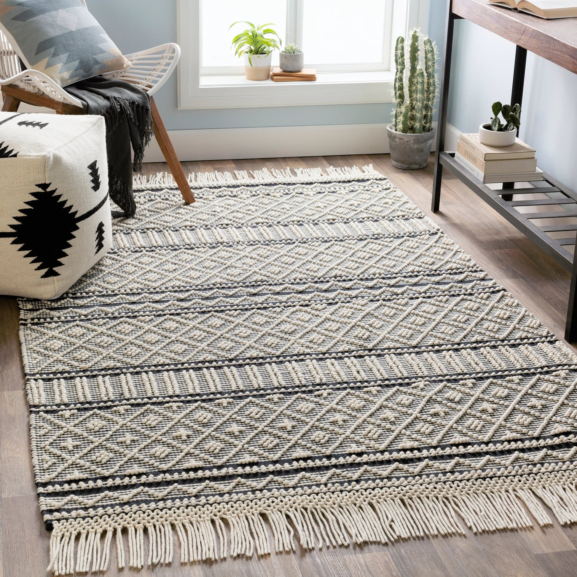 Farmhouse Tassels FTS-2300 Rug by Livabliss in black, white. Made from 60% wool, 40% cotton in a unique style.