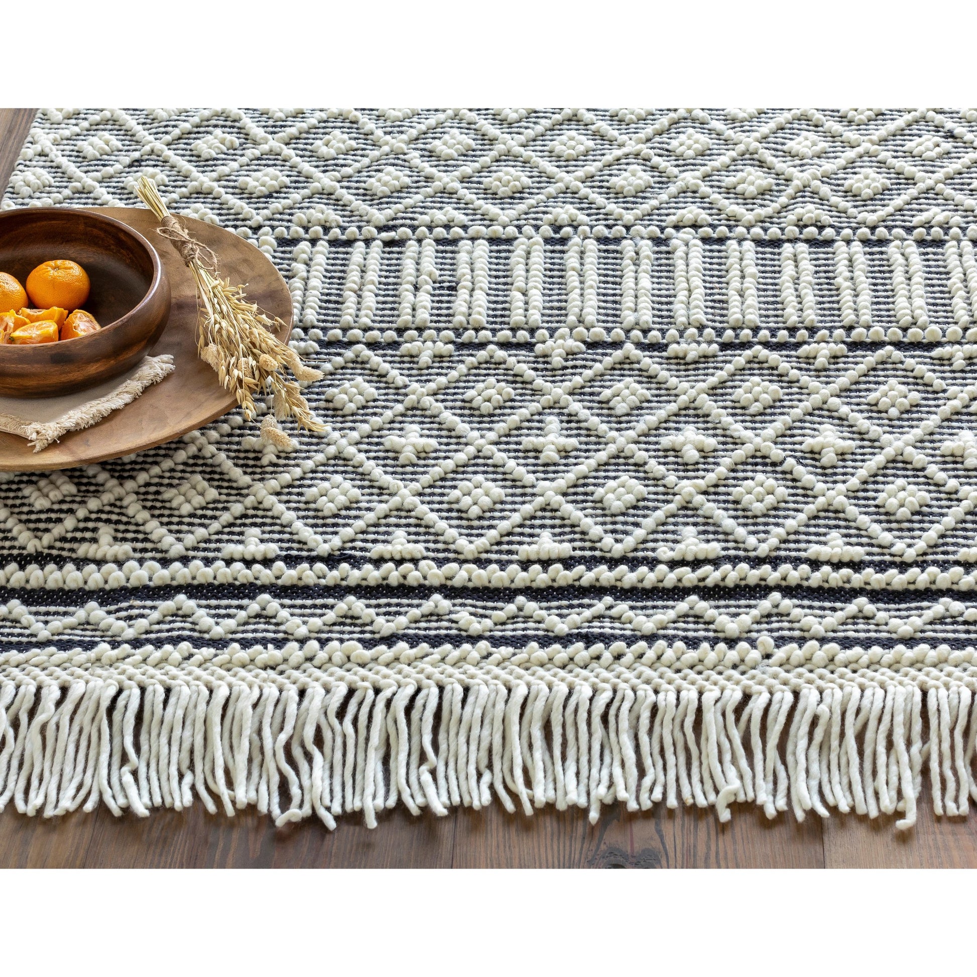 Farmhouse Tassels FTS-2300 Rug by Livabliss in black, white. Made from 60% wool, 40% cotton in a unique style.