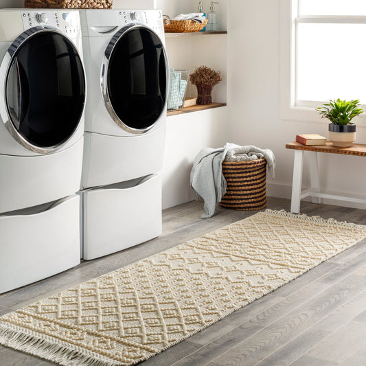 Farmhouse Tassels FTS-2304 Rug by Livabliss in white, beige. Made from 60% wool, 40% cotton in a unique style.