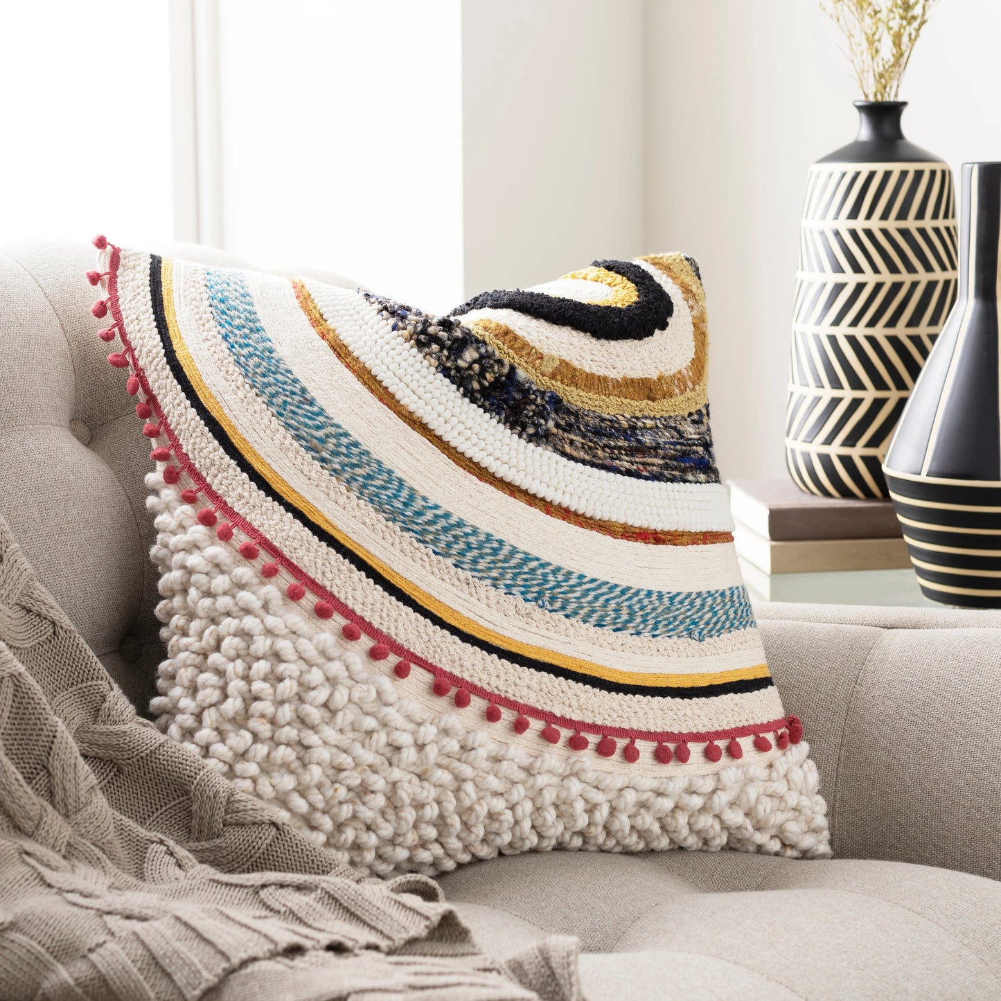 003 SI-1881965,SI-1881966 | Lifestyle | Fleetwood Pillow - 32196 by Livabliss in beige, light beige. Made from 100% cotton in a eclectic & global style.