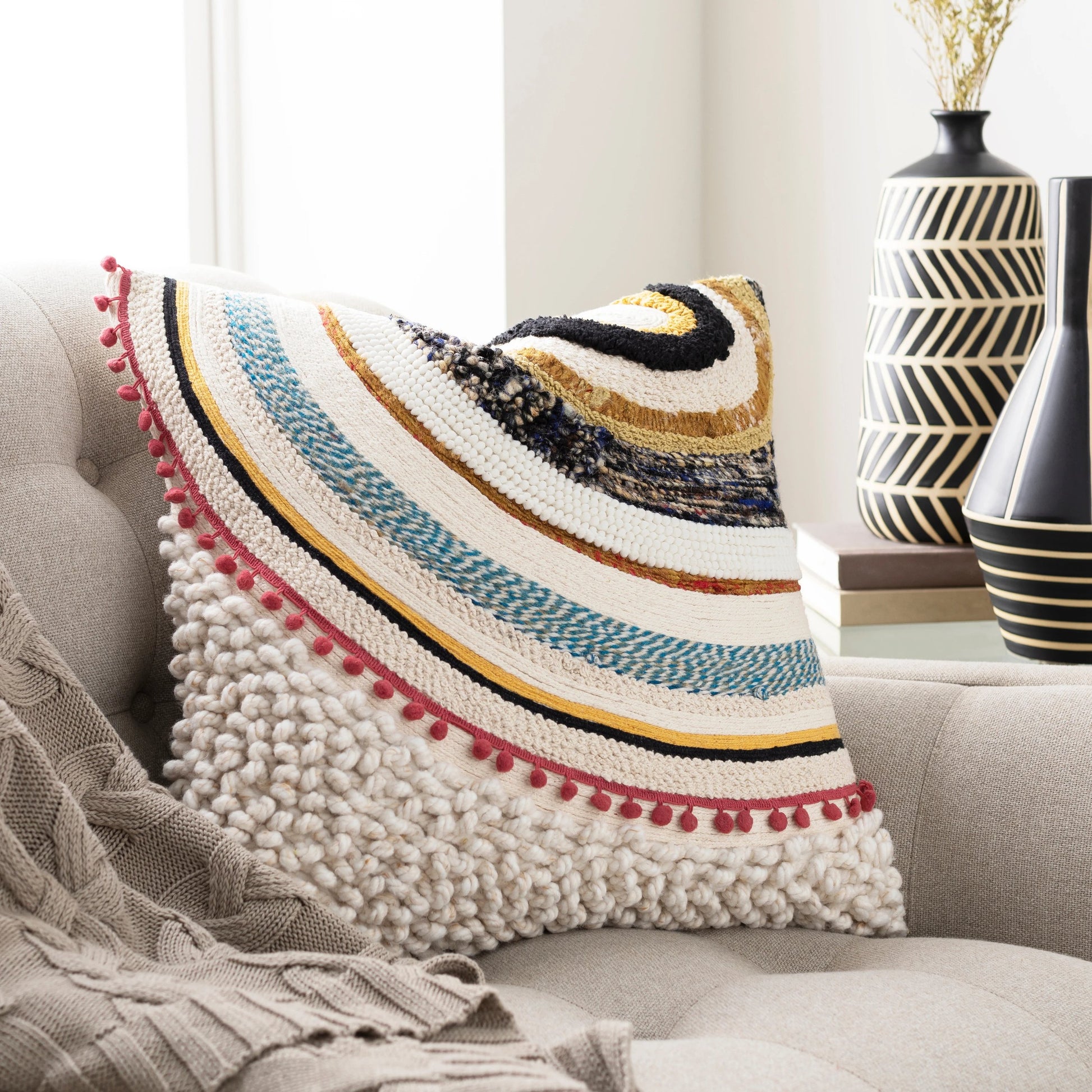 Fleetwood Pillow - 32196 by Livabliss in beige, light beige. Made from 100% cotton in a eclectic & global style.
