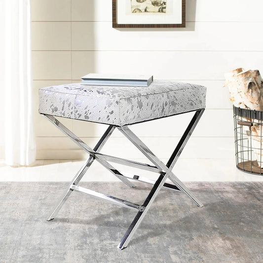 Safari Steel & Cowhide Bench - FU-26276 by Pasargad Home in silver. Made from steel, cowhide in a unique style.