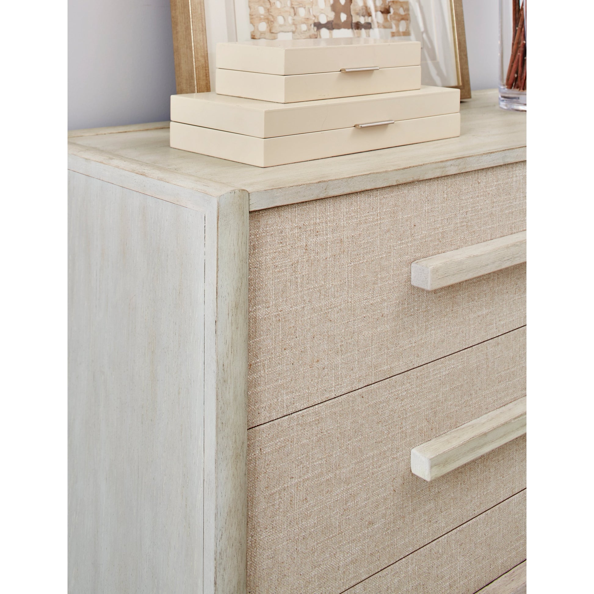 Cotiere Drawer Chest by A.R.T. Furniture in beige and linen. Made from parawood solids, mixed split cathedral quarter-wite oak veneer, fabric in a modern style.