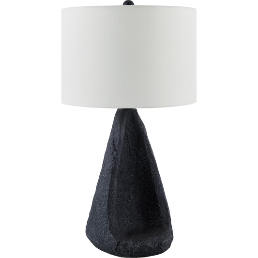 Fuego Accent Tabble Lamp - Short by Surya in body: black; shade: brown; finial: black; harp: metallic - nickel; cord: translucent and paintedpainted. Made from resin, linen, polyester, plastic in a unique style.