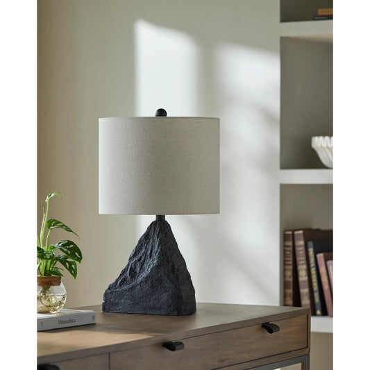 Fuego Accent Tabble Lamp - Tall by Surya in body: black; shade: white; finial: black; harp: metallic - nickel; cord: translucent and paintedpainted. Made from resin, linen, polyester, plastic in a unique style.
