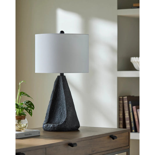 Fuego Accent Tabble Lamp - Short by Surya in body: black; shade: brown; finial: black; harp: metallic - nickel; cord: translucent and paintedpainted. Made from resin, linen, polyester, plastic in a unique style.