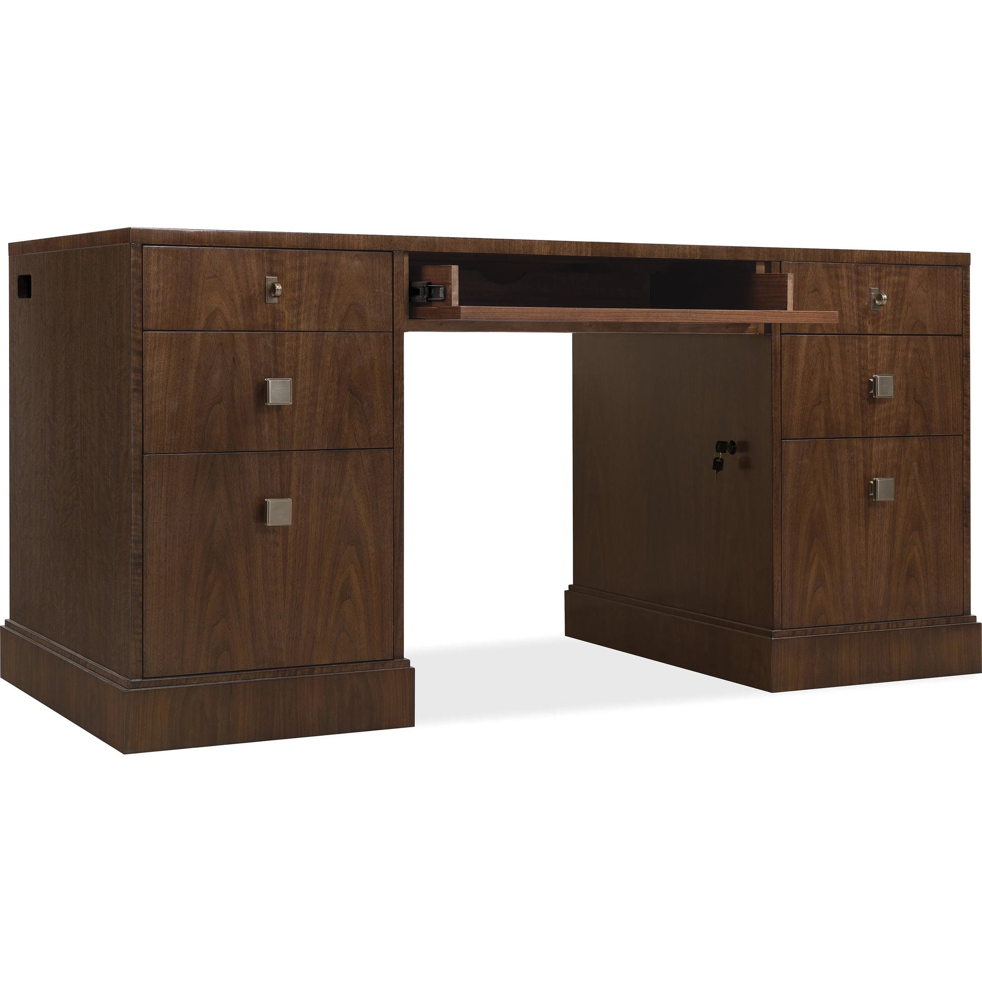 Archives Executive Desk by Hooker Furniture in classic walnut, walnut veneers. Made from leather, hair on hide leather, figured walnut veneers in a traditional style.