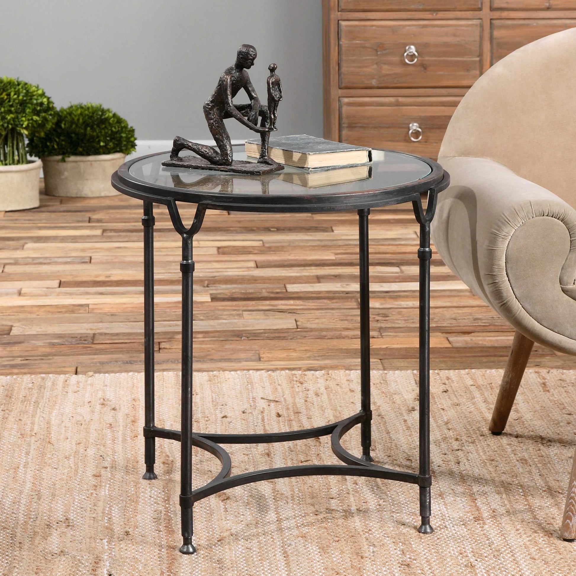 Samson Glass Side Table by Uttermost. Made from metal, glass in a cottage & farmhouse style.