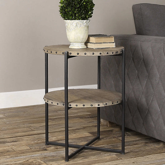 Kamau Round Accent Table by Uttermost. Made from recycled elm, iron in a cottage & farmhouse style.