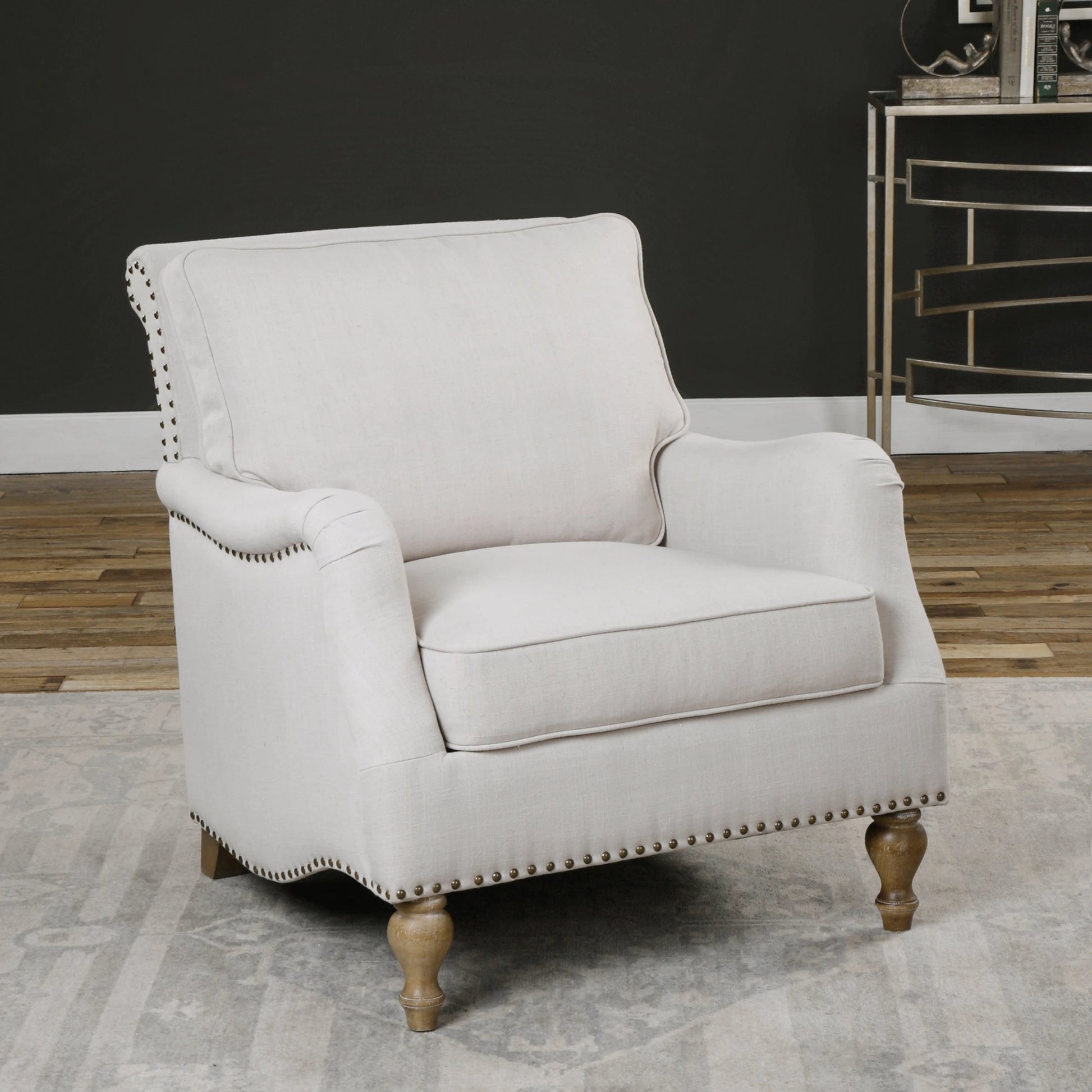 Armstead Armchair by Uttermost in white. Made from rubber wood, fabric, plywood in a cottage & farmhouse style.