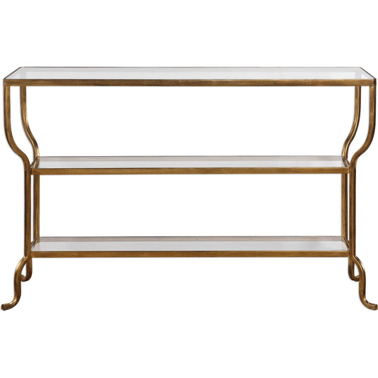 Deline Console Table by Uttermost in gold. Made from iron, glass in a modern style.