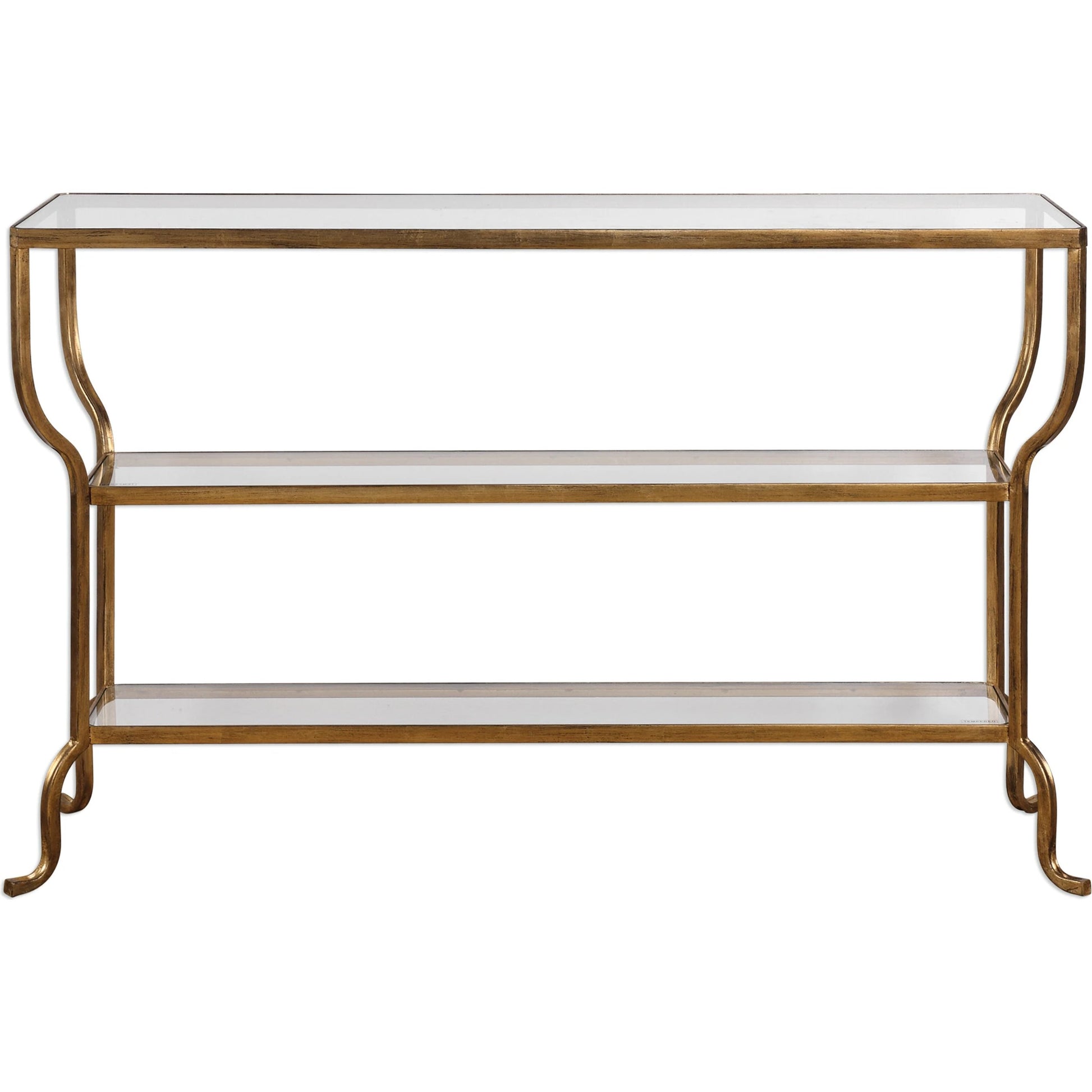 Deline Console Table by Uttermost in gold. Made from iron, glass in a modern style.