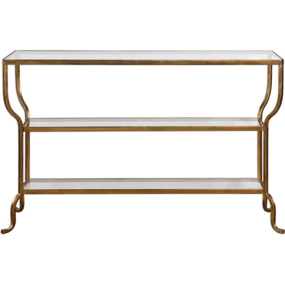 Deline Console Table by Uttermost in gold. Made from iron, glass in a modern style.