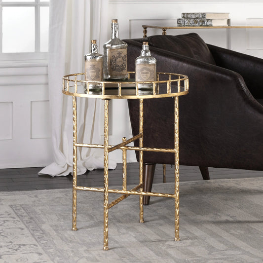 Tilly Accent Table by Uttermost in gold. Made from iron, mdf, mirror in a modern style.