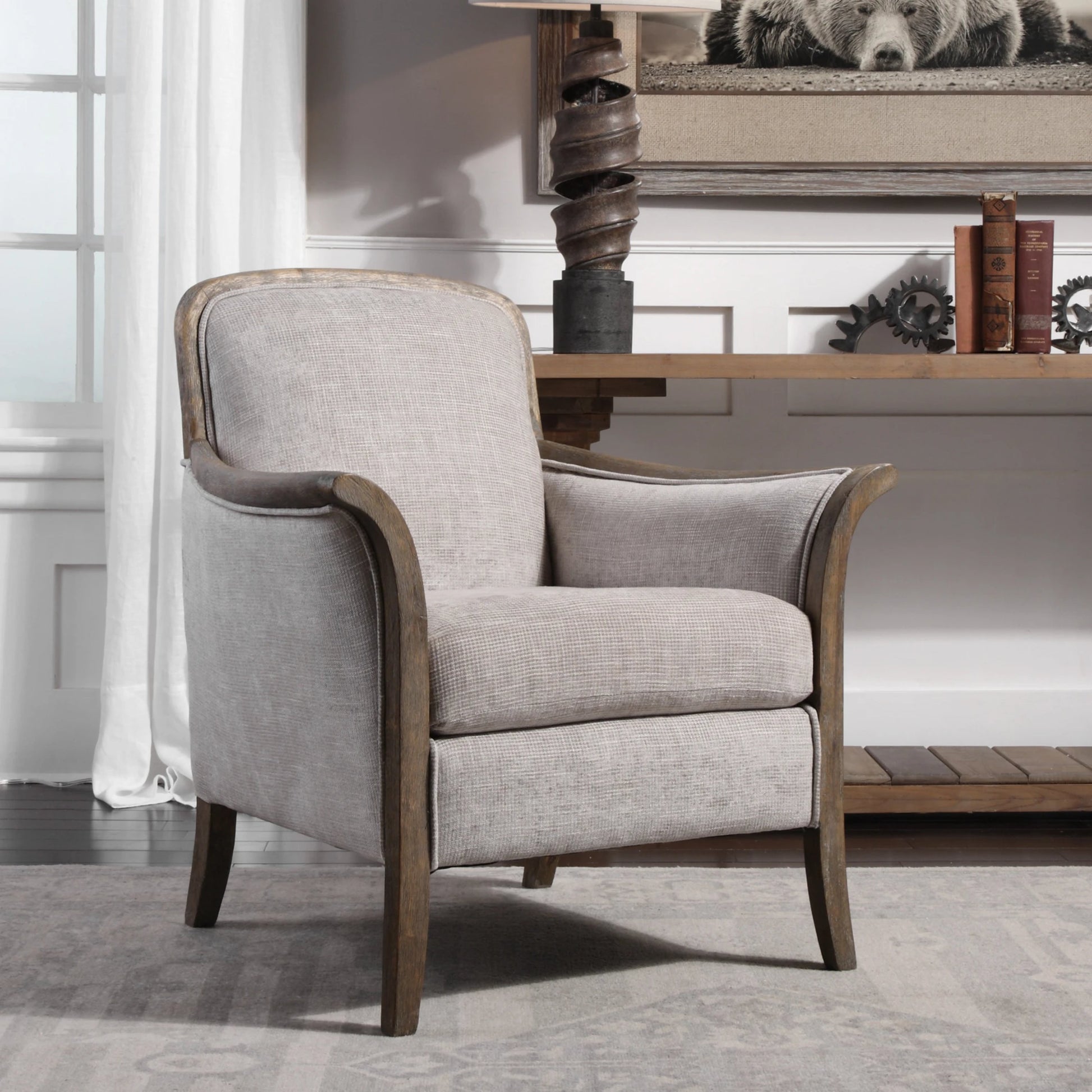 Brittoney Armchair by Uttermost. Made from solid wood, plywood, fabric, foam in a cottage & farmhouse style.