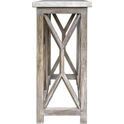 Catali Ivory Stone Console Table by Uttermost. Made from javawood with stone in a cottage & farmhouse style.