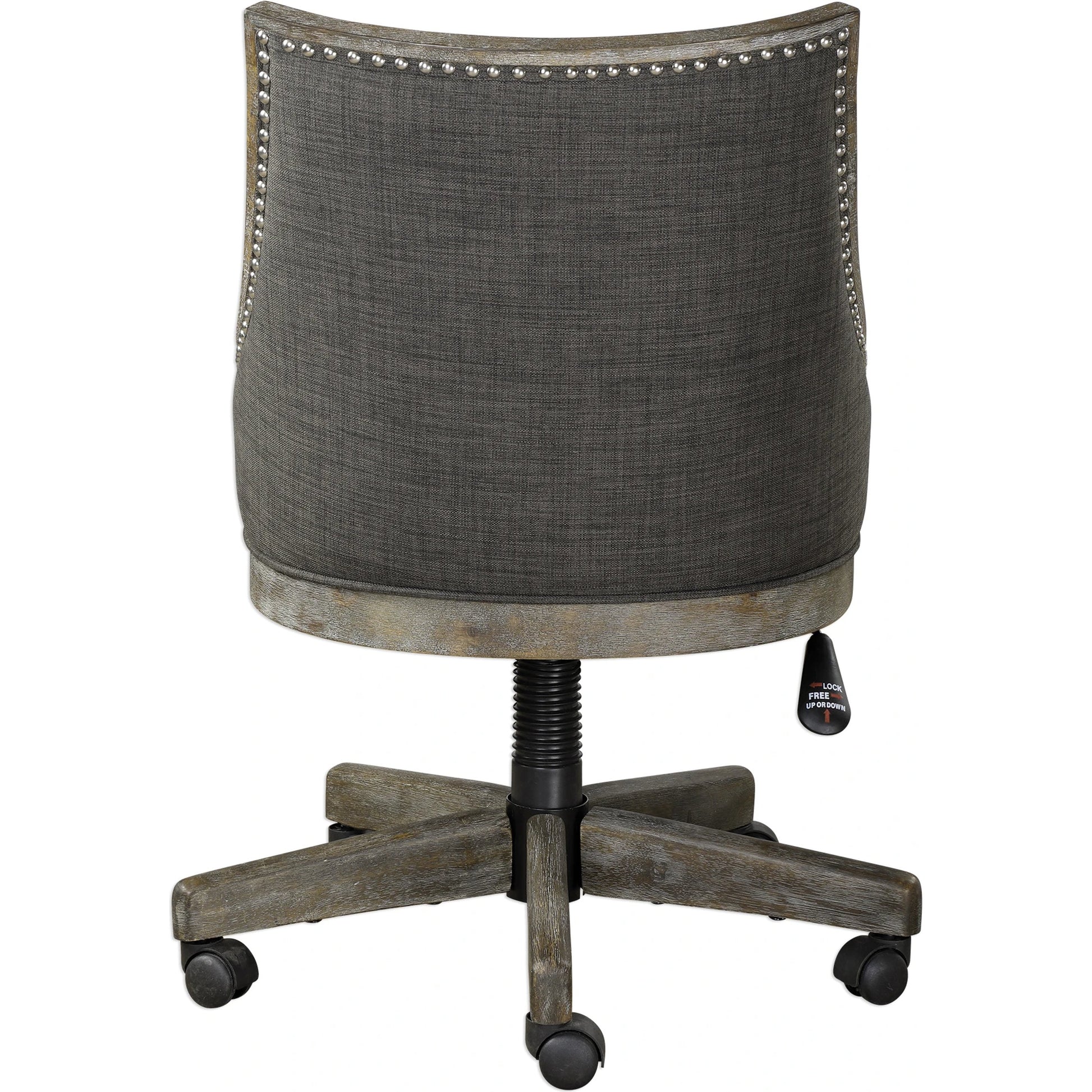 Aidrian Charcoal Desk Chair by Uttermost in charcoal. Made from metal, bent wood, plywood, fabric, foam in a cottage & farmhouse style.